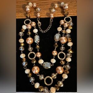 Elegant Multi-Strand Bronze/Peach/Cream Beaded Necklace with Gold Accents